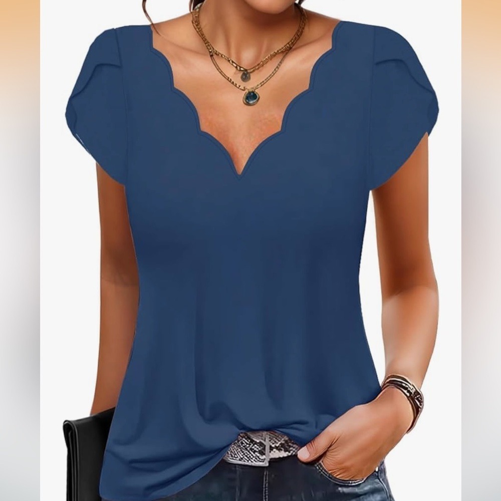 Navy Blue Scalloped V-Neck Blouse Flutter Cap Sleeve Top‎ 3XL